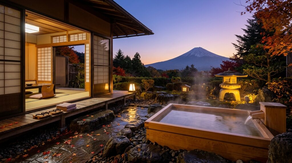 Private outdoor onsen at a Japanese ryokan with Mount Fuji in the background at dusk